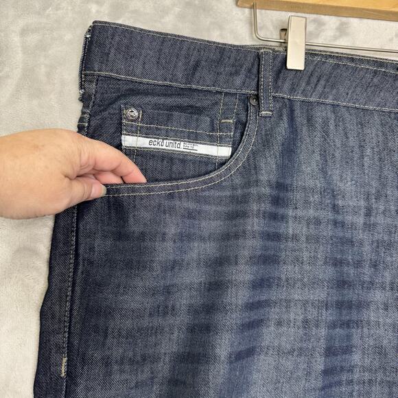 Ecko Unltd Shorts Mens 48 Blue Denim Dark Wash Embroidered Rhino Logo Y2K Baggy - Picture 3 of 10
